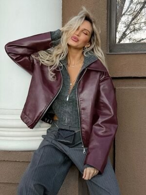 Elegant Oversized Vintage Turndown Long Sleeve Short Faux Leather Jacket - Image 1