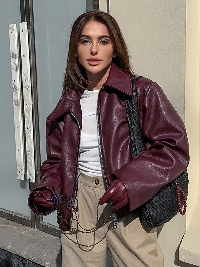 Elegant Oversized Vintage Turndown Long Sleeve Short Faux Leather Jacket - Image 2