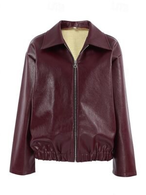 Elegant Oversized Vintage Turndown Long Sleeve Short Faux Leather Jacket - Image 6