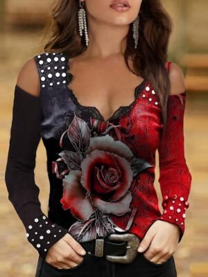 Elegant Plus Size Floral V Neck Cold Shoulder Long Sleeve Regular Top - Image 1