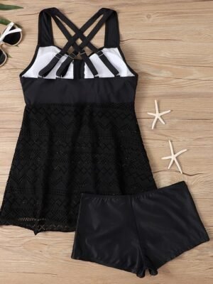 Elegant Plus Size Solid Lace Sleeveless Tankini - Image 3