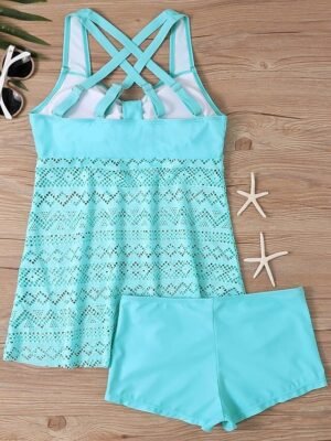 Elegant Plus Size Solid Lace Sleeveless Tankini - Image 6