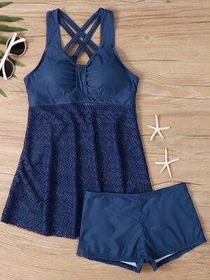 Elegant Plus Size Solid Lace Sleeveless Tankini - Image 8