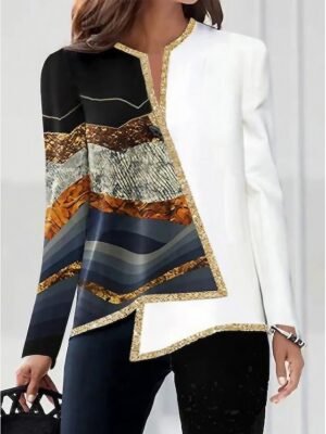 Elegant Plus Size Vintage Colour Block V Neck Long Sleeve Blouse - Image 1