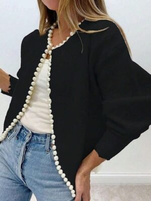 Elegant Regular Beaded Crew Neck Long Sleeve Cardigan - Image 1