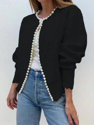 Elegant Regular Beaded Crew Neck Long Sleeve Cardigan - Image 4