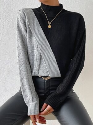 Elegant Regular Colour Block Mock Neck Long Sleeve Knit Top - Image 1