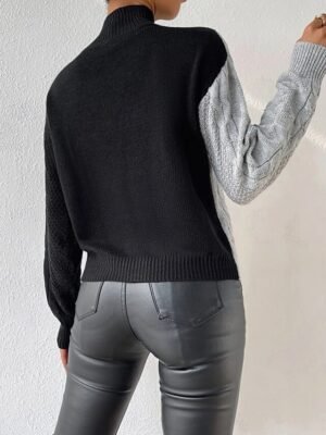 Elegant Regular Colour Block Mock Neck Long Sleeve Knit Top - Image 2