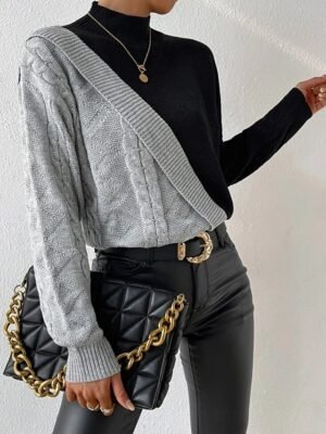 Elegant Regular Colour Block Mock Neck Long Sleeve Knit Top - Image 4