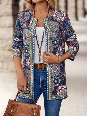 Elegant Regular Fit Floral Collarless Long Sleeve Blazer - Image 6
