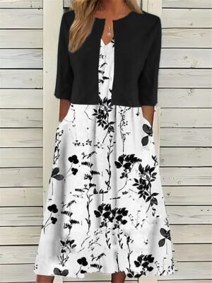 Elegant Regular Fit Floral Crew Neck Half Sleeve Midi Dress Set - Image 1