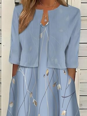 Elegant Regular Fit Floral Crew Neck Half Sleeve Midi Dress Set - Image 2