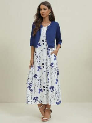Elegant Regular Fit Floral Crew Neck Half Sleeve Midi Dress Set - Image 3