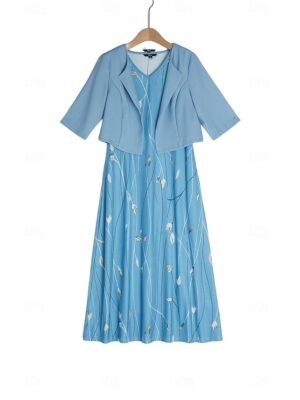 Elegant Regular Fit Floral Crew Neck Half Sleeve Midi Dress Set - Image 4