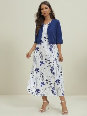 Elegant Regular Fit Floral Crew Neck Half Sleeve Midi Dress Set - Image 5