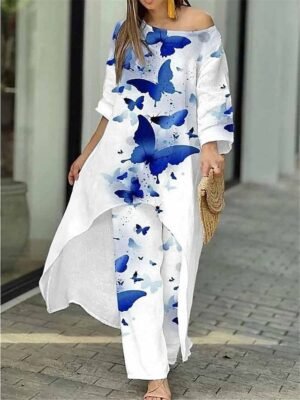 Elegant Regular Fit Floral Round Neck Long Sleeve Shirt Pants Set - Image 2