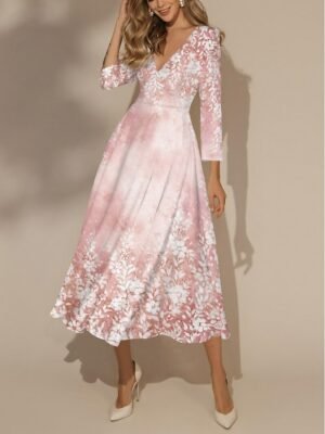 Elegant Regular Fit Floral V Neck Long Sleeve Maxi Chiffon Dress - Image 12