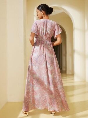 Elegant Regular Fit Floral V Neck Long Sleeve Maxi Chiffon Dress - Image 16