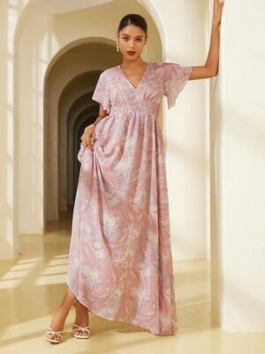 Elegant Regular Fit Floral V Neck Long Sleeve Maxi Chiffon Dress - Image 18