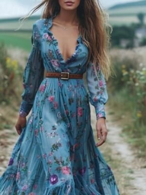 Elegant Regular Fit Floral V Neck Long Sleeve Maxi Dress - Image 2