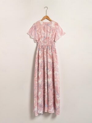 Elegant Regular Fit Floral V Neck Long Sleeve Maxi Chiffon Dress - Image 22