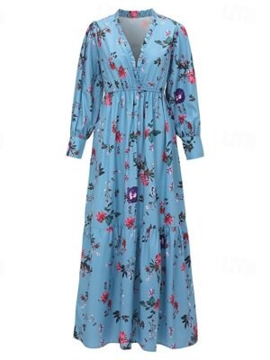 Elegant Regular Fit Floral V Neck Long Sleeve Maxi Dress - Image 4