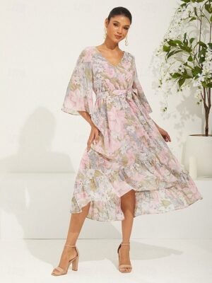 Elegant Regular Fit Floral V Neck Long Sleeve Maxi Chiffon Dress - Image 9