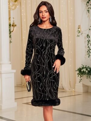 Elegant Regular Fit Geometric Glitter Faux Fur Trim Long Sleeve Winter Party Dress - Image 1