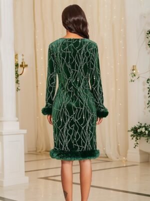 Elegant Regular Fit Geometric Glitter Faux Fur Trim Long Sleeve Winter Party Dress - Image 10