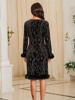Elegant Regular Fit Geometric Glitter Faux Fur Trim Long Sleeve Winter Party Dress - Image 3