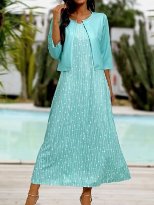 Elegant Regular Fit Geometric Polka Dot V Neck Half Sleeve Midi Dress Set - Image 2