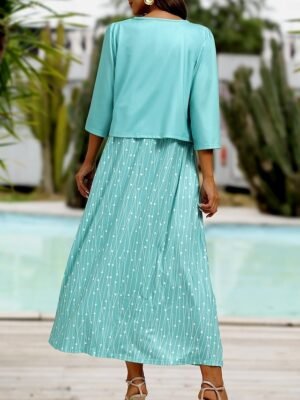 Elegant Regular Fit Geometric Polka Dot V Neck Half Sleeve Midi Dress Set - Image 3