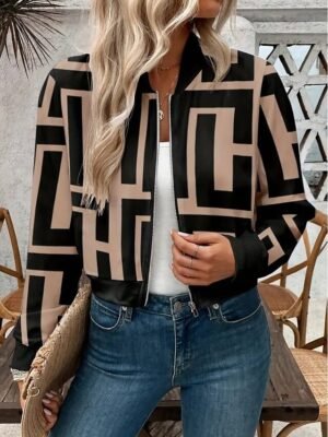 Elegant Regular Fit Geometric Stand Collar Long Sleeve Coat - Image 10
