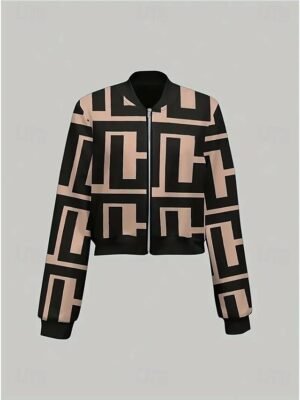Elegant Regular Fit Geometric Stand Collar Long Sleeve Coat - Image 11