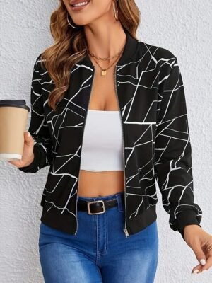 Elegant Regular Fit Geometric Stand Collar Long Sleeve Coat - Image 5