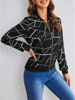 Elegant Regular Fit Geometric Stand Collar Long Sleeve Coat - Image 6