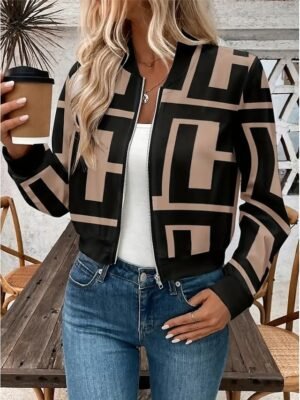 Elegant Regular Fit Geometric Stand Collar Long Sleeve Coat - Image 7