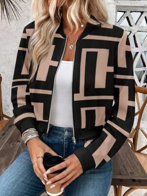 Elegant Regular Fit Geometric Stand Collar Long Sleeve Coat - Image 8
