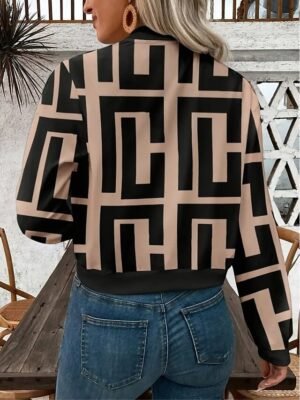 Elegant Regular Fit Geometric Stand Collar Long Sleeve Coat - Image 9