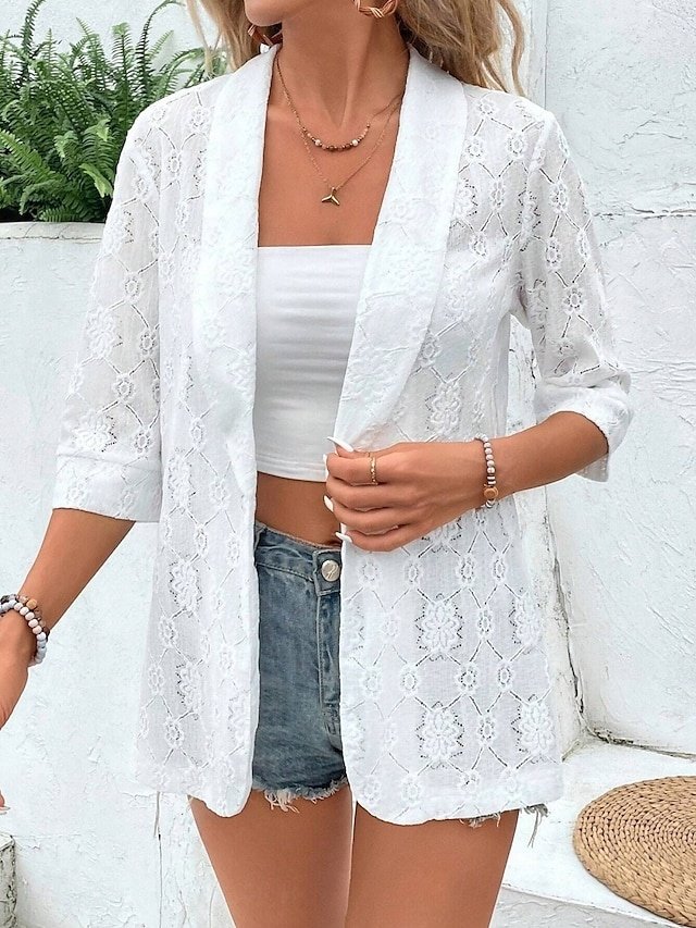 Elegant Regular Fit Lace Patchwork Turndown 3/4 Sleeve Blazer - Image 1