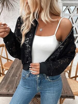 Elegant Regular Fit Lace Stand Collar Long Sleeve Short Bomber Jacket - Image 3
