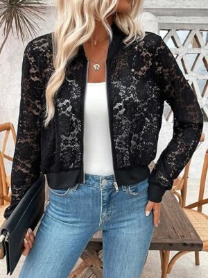 Elegant Regular Fit Lace Stand Collar Long Sleeve Short Bomber Jacket - Image 4