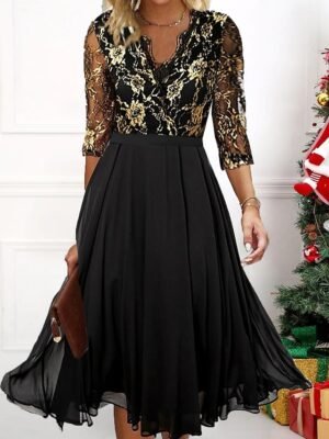 Elegant Regular Fit Lace V Neck 3/4 Sleeve Midi Dress - Image 1