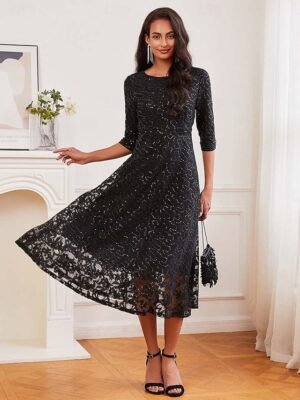 Elegant Regular Fit Lace V Neck 3/4 Sleeve Midi Dress - Image 19