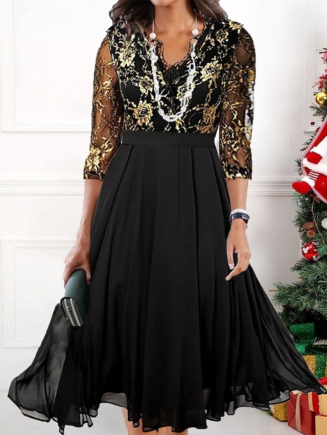 Elegant Regular Fit Lace V Neck 3/4 Sleeve Midi Dress - Image 2