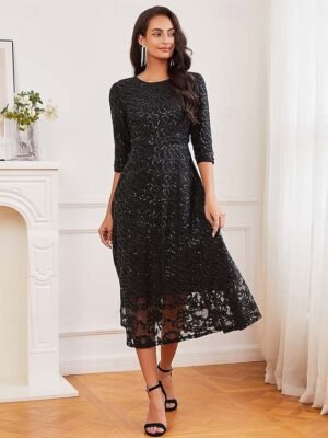 Elegant Regular Fit Lace V Neck 3/4 Sleeve Midi Dress - Image 20