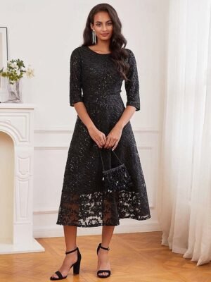 Elegant Regular Fit Lace V Neck 3/4 Sleeve Midi Dress - Image 26