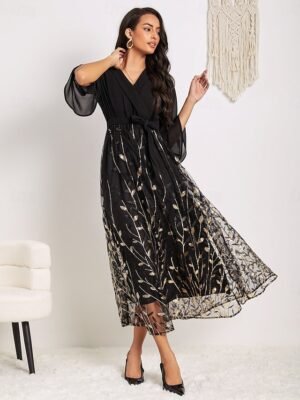 Elegant Regular Fit Lace V Neck 3/4 Sleeve Midi Dress - Image 29