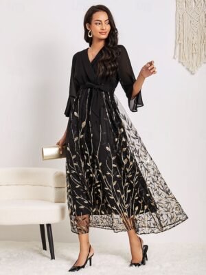Elegant Regular Fit Lace V Neck 3/4 Sleeve Midi Dress - Image 34