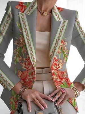 Elegant Regular Fit Leaf Print Turndown Long Sleeve Blazer - Image 5